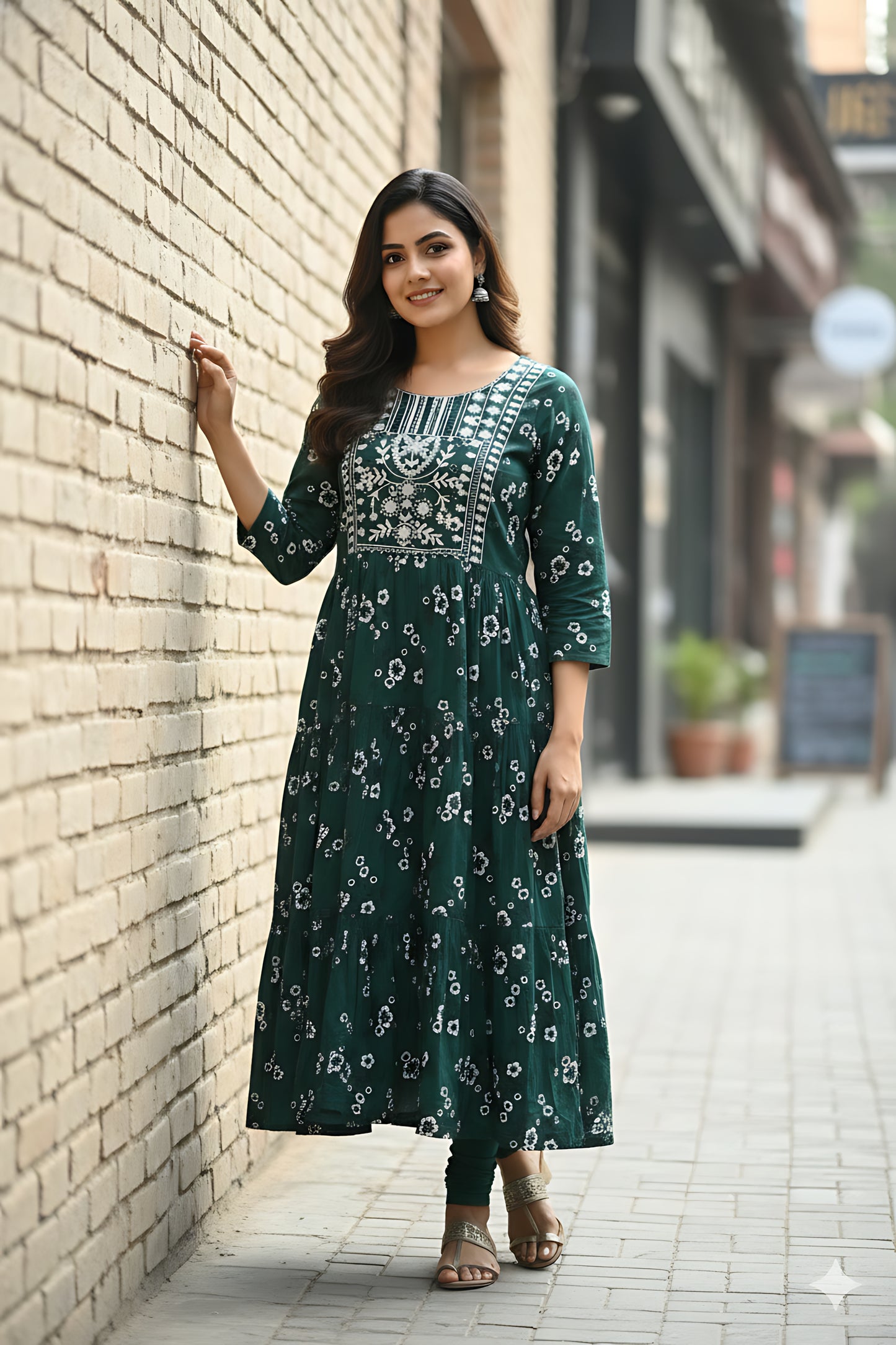 Green Embroidery Umbrella Kurta Top