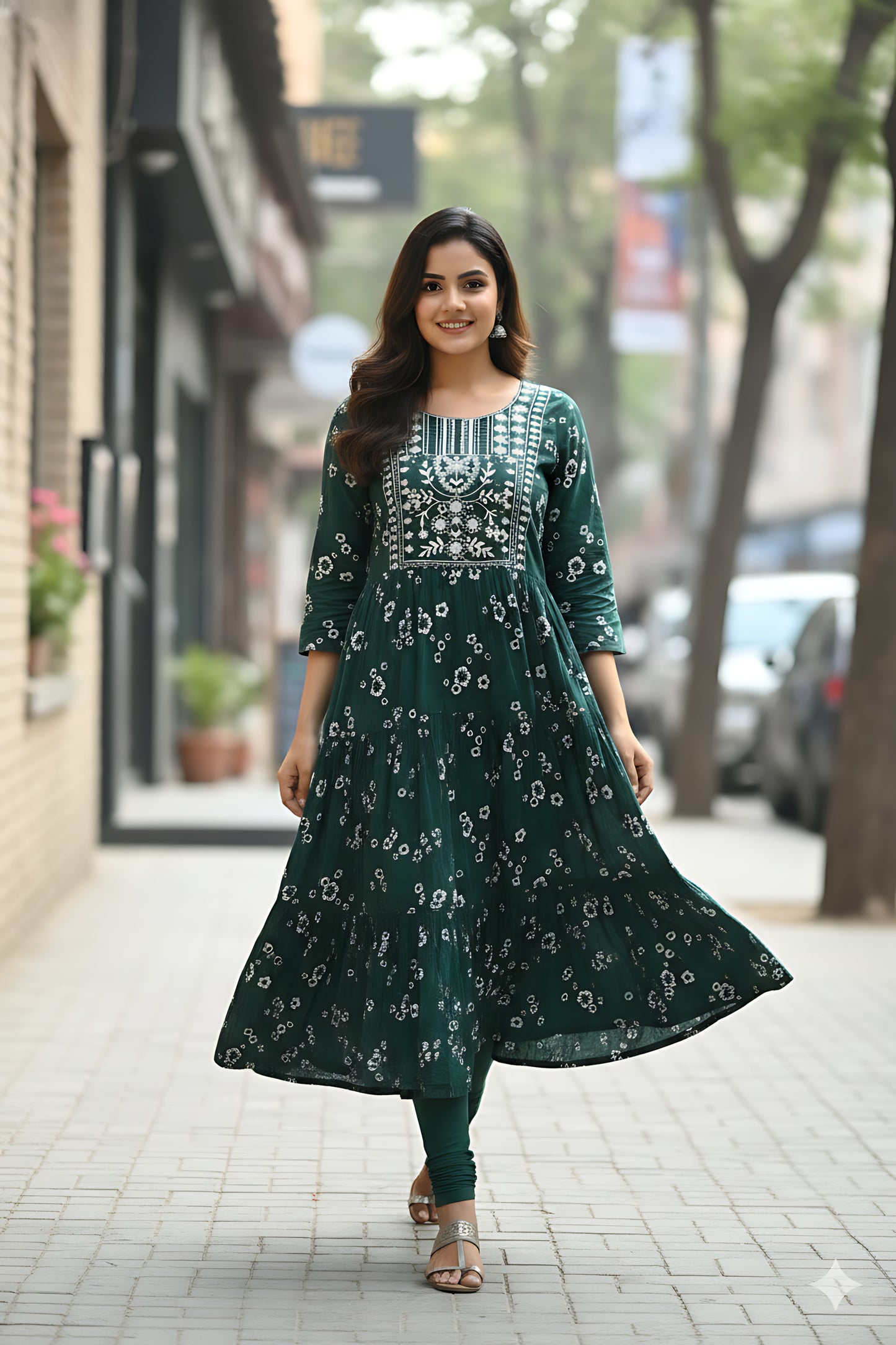 Green Embroidery Umbrella Kurta Top