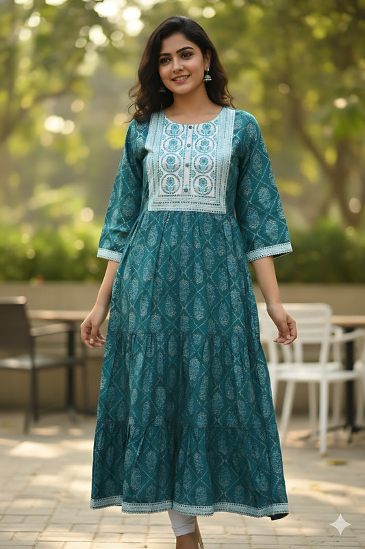 Green Gold Foil Printed Umbrella Kurta Top