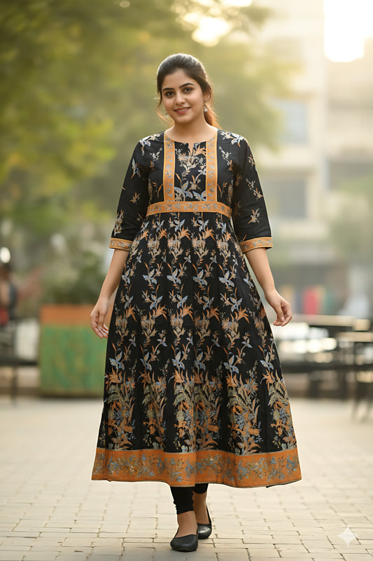 Black Gold Foil Printed Umbrella Kurta