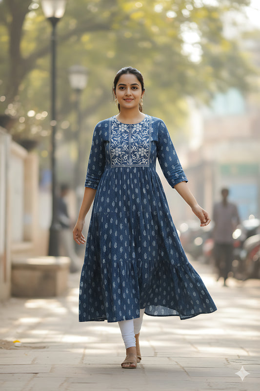 Blue Printed Umbrella Kurta Top