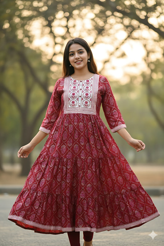 Pink Gold Foil Printed Umbrella Kurta Top