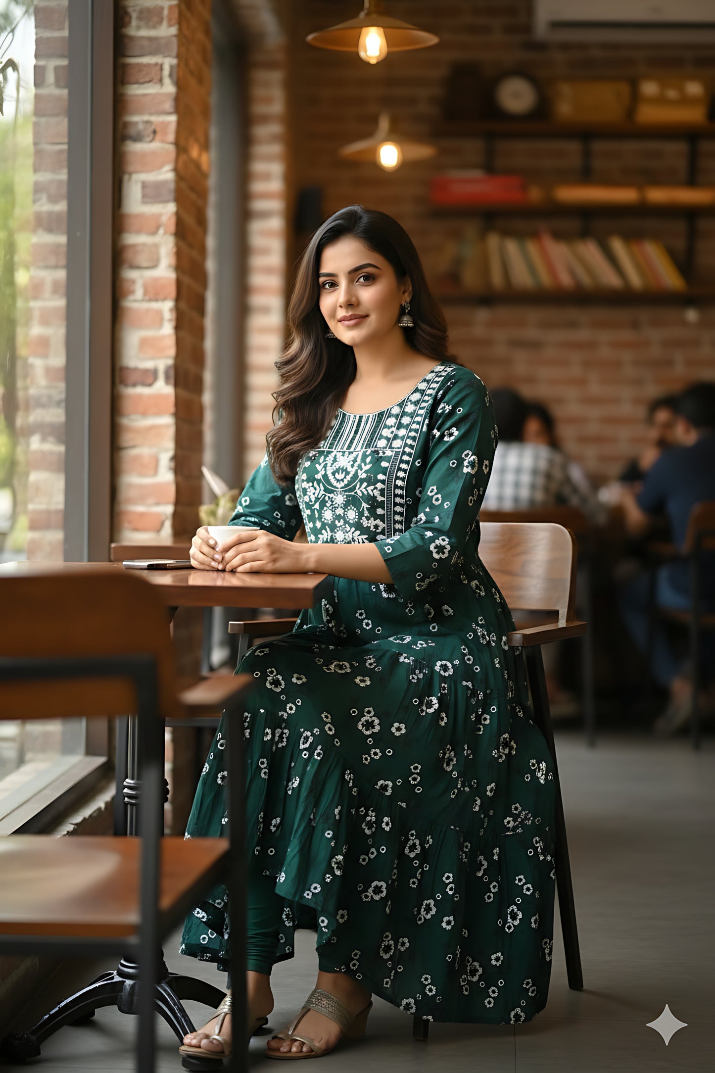 Green Embroidery Umbrella Kurta Top